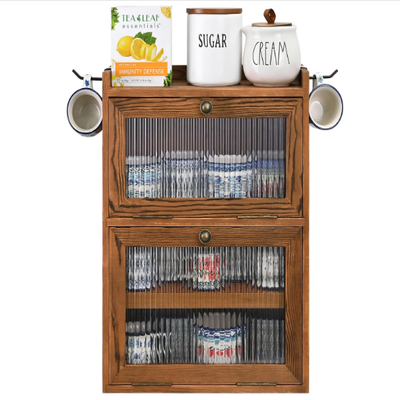 Wooden 2-Tier Countertop Storage Cabinet with Wavy Doors, Cupboard Organizer with Removable Bamboo Tea Tray, for Kitchen Pantry, Cups